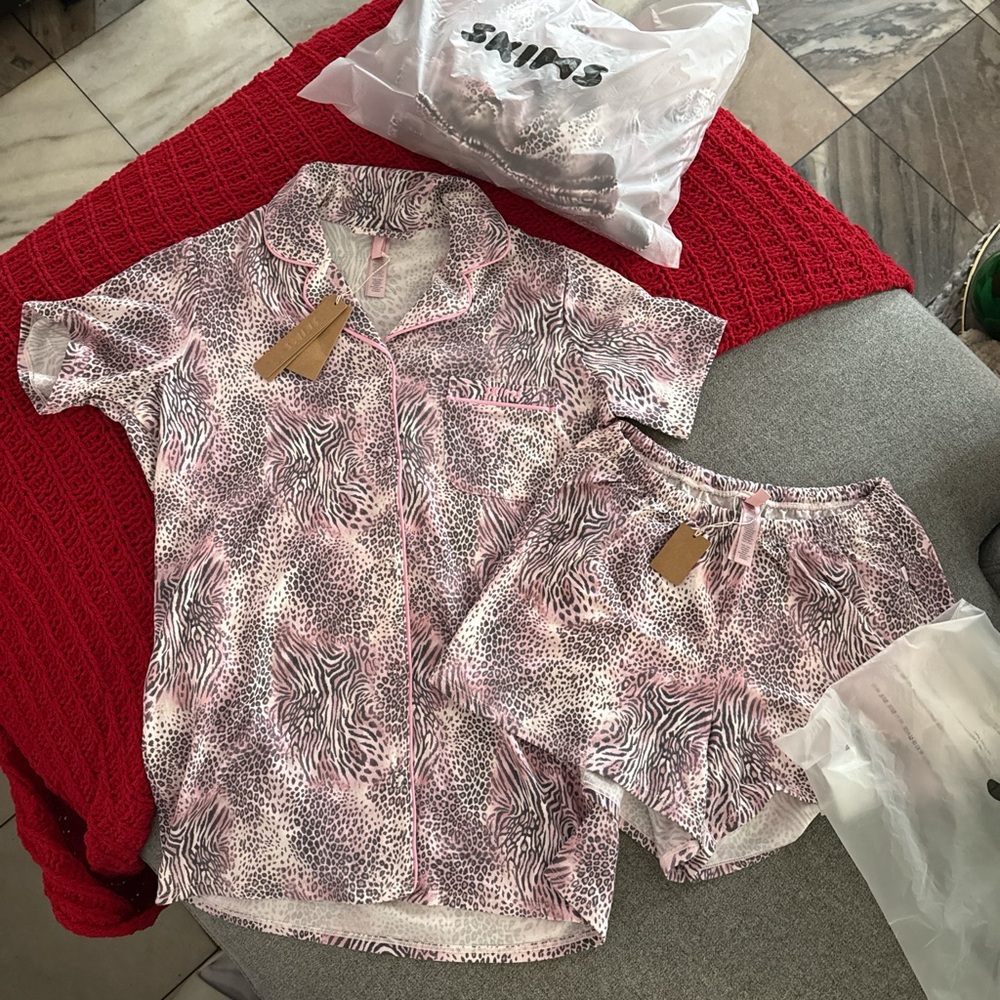 SKIMS Pink and White Zebra Print Pajama Set